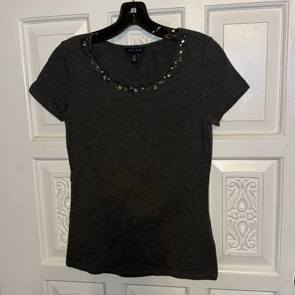 Tommy Hilfiger Embellished Round Neck Gray Short Sleeve Shirt Size XS